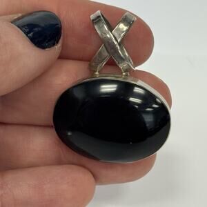 Vintage Mexico 925 Sterling Silver Black Onyx Pendant Heavy Oval